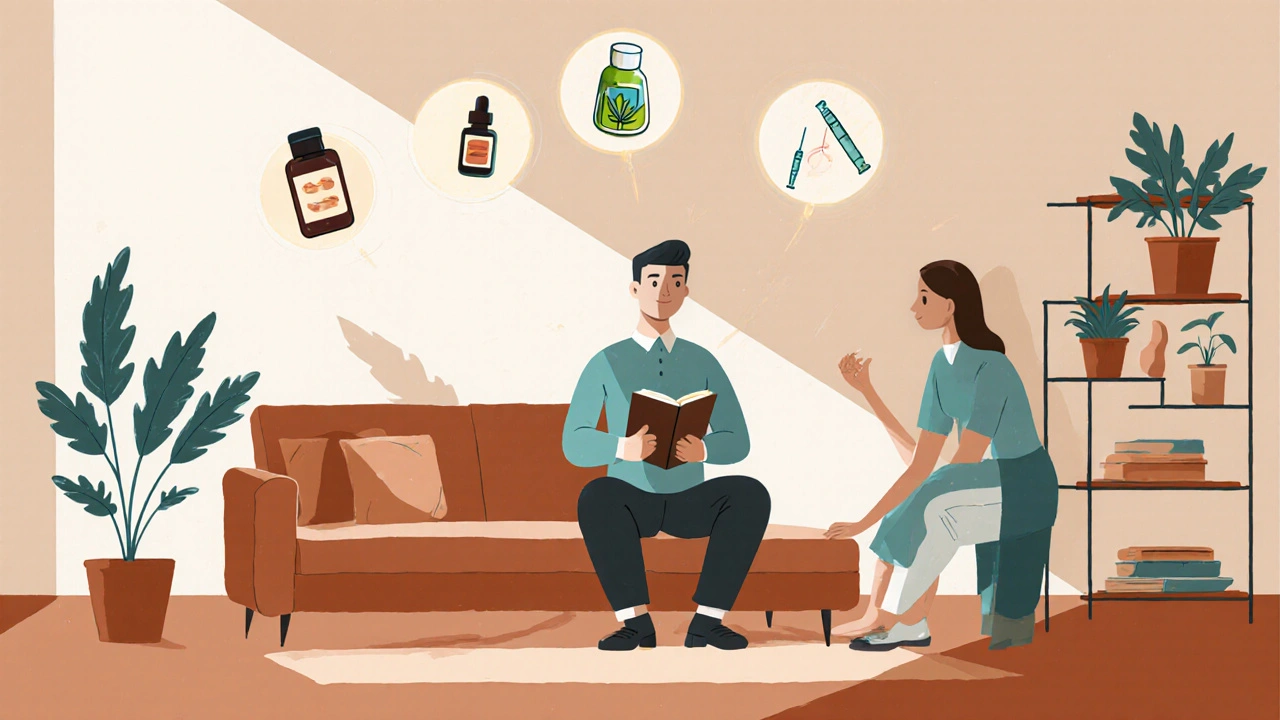 A patient stretching in a sunlit mid-century living room with wellness icons floating gently around them.