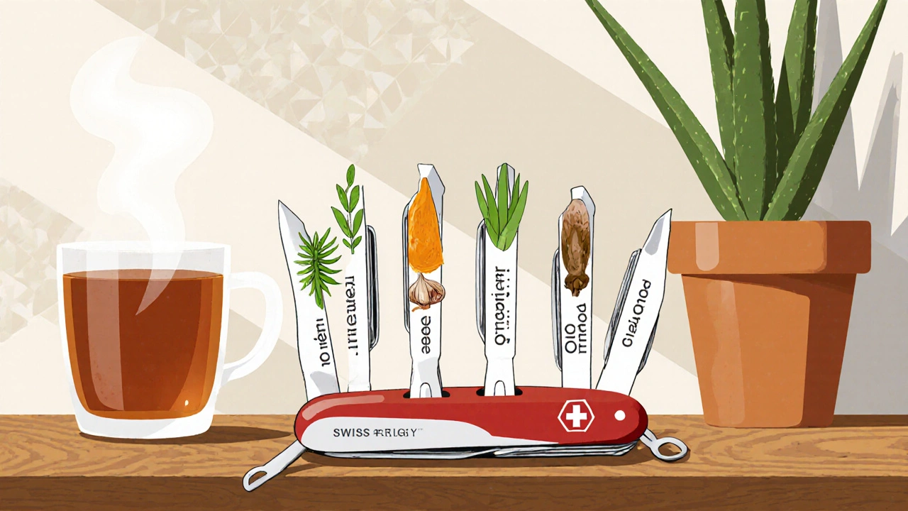 A Swiss Army knife with botanical tools opens on a wooden table beside aloe and tea.