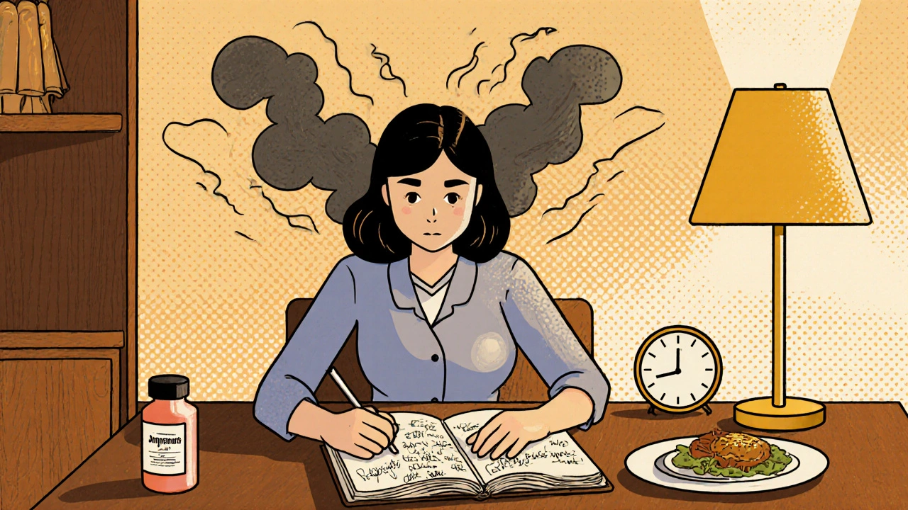 A woman journaling at night with domperidone pills and anxiety shadows rising around her in a retro kitchen.