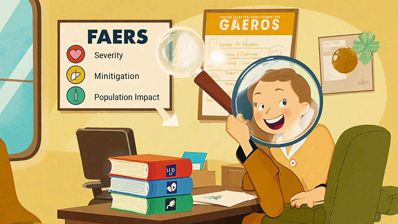 Analyst at a mid‑century office examines stacks of adverse event reports with a magnifying glass and criteria icons.