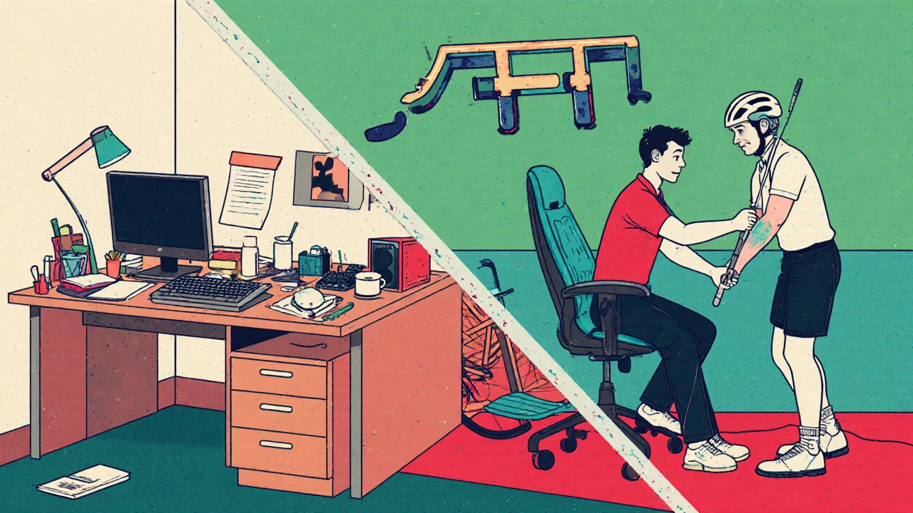 Before‑and‑after ergonomic workspace with proper monitor height and tool grips.