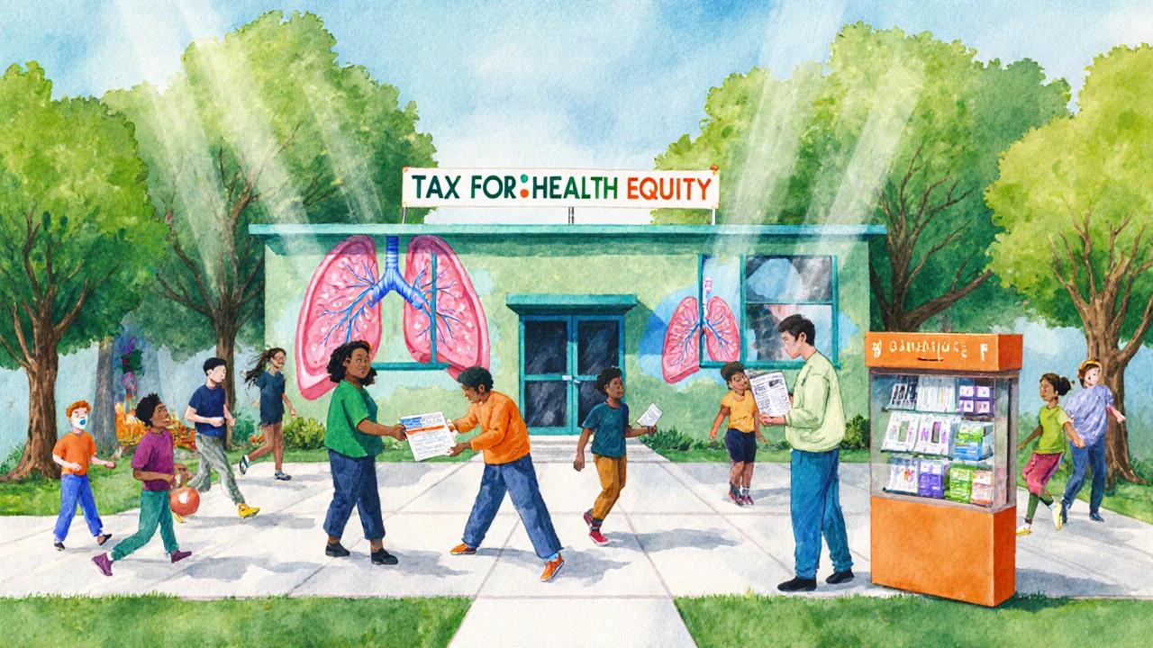 Bright community center with youth, health workers offering nicotine patches and colorful posters promoting anti‑smoking policies.