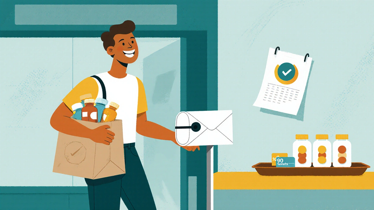 Cartoon of a happy shopper leaving a pharmacy with a bag, mailbox, and calendar suggesting mail‑order and 90‑day supply savings.