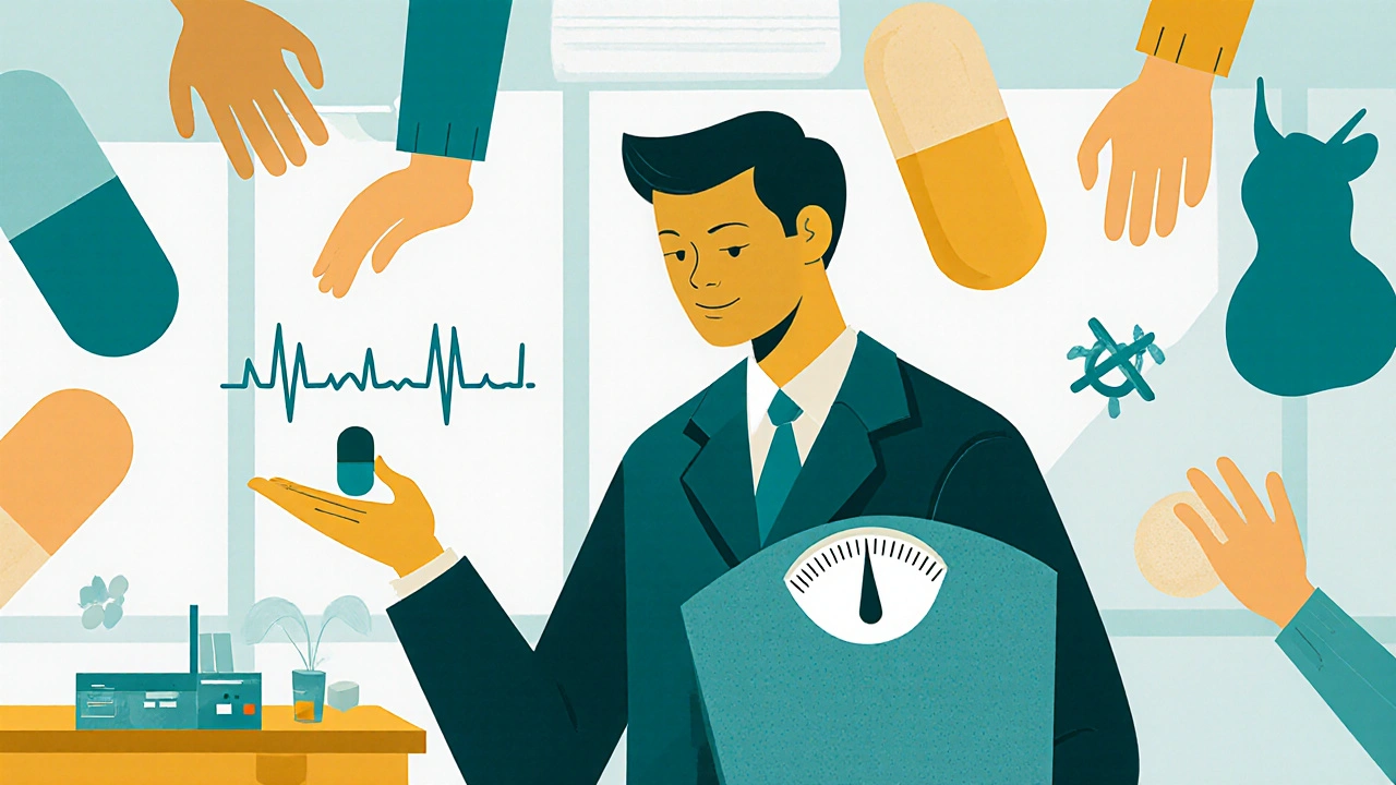 Clinician comparing ziprasidone weight gain and QT risk with other antipsychotic pills.
