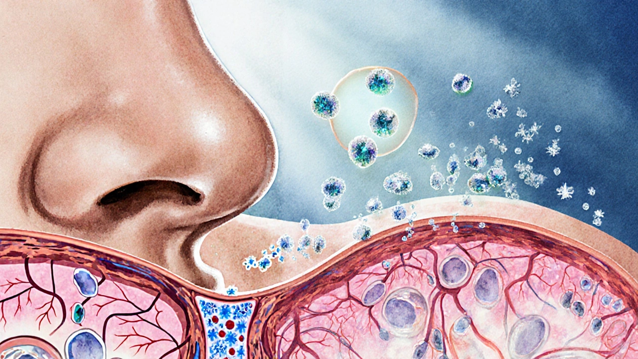 Close‑up watercolor of nasal lining with particles and histamine sparks.