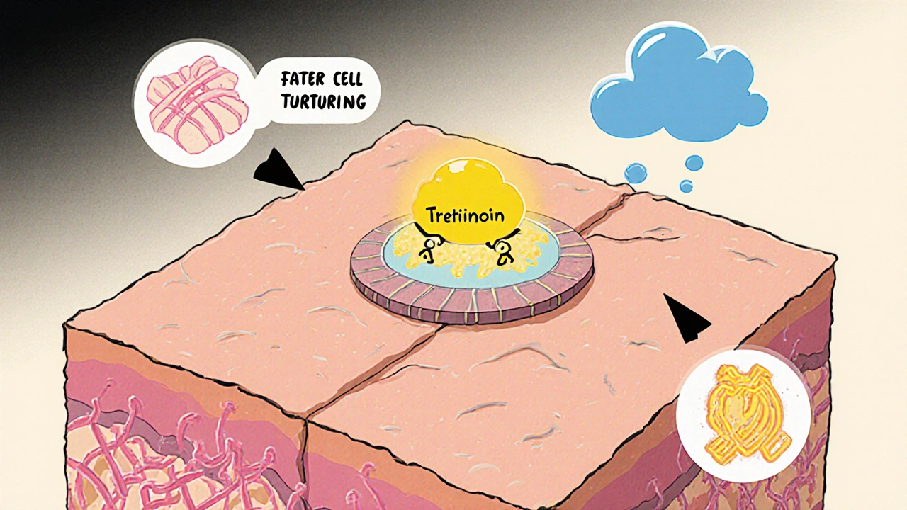 Cross‑section of a skin cell showing tretinoin binding to receptors and boosting cell turnover and collagen.