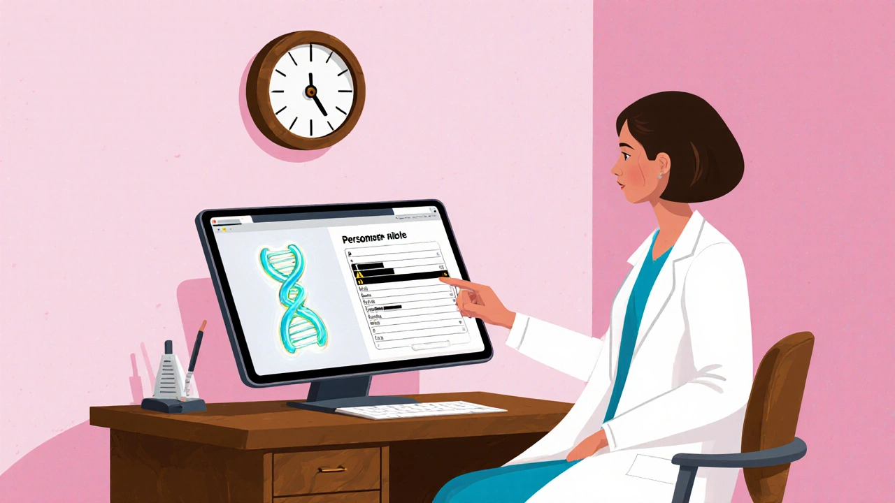 Doctor and patient look at a tablet showing a personalized genetic risk warning in a retro‑styled clinic.