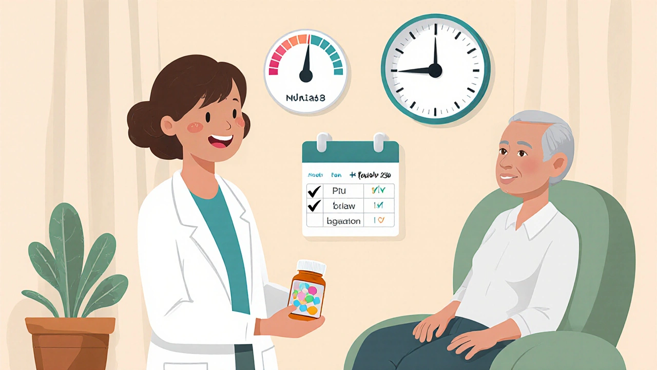 Doctor and patient scene with pill bottle, sodium level gauge, and dosing calendar.