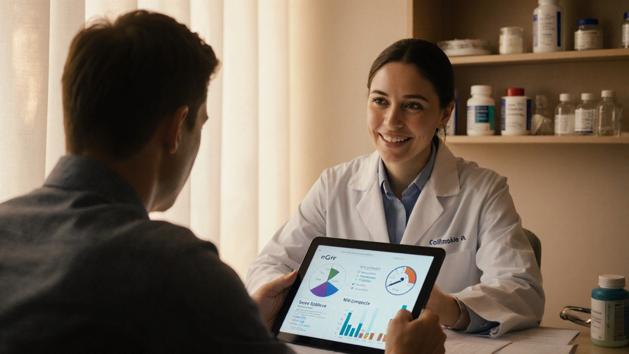 Doctor consulting patient, reviewing lab results while medication bottles are displayed nearby.