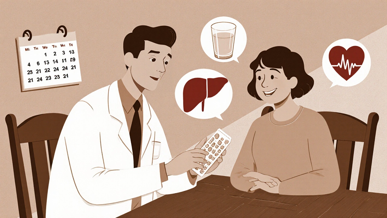 Doctor gives pill packet to patient, surrounded by dosage and safety icons.