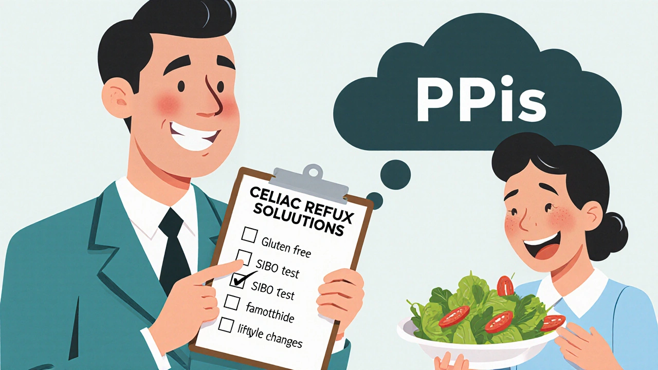 Doctor pointing to checklist for celiac reflux solutions with patient eating gluten-free salad