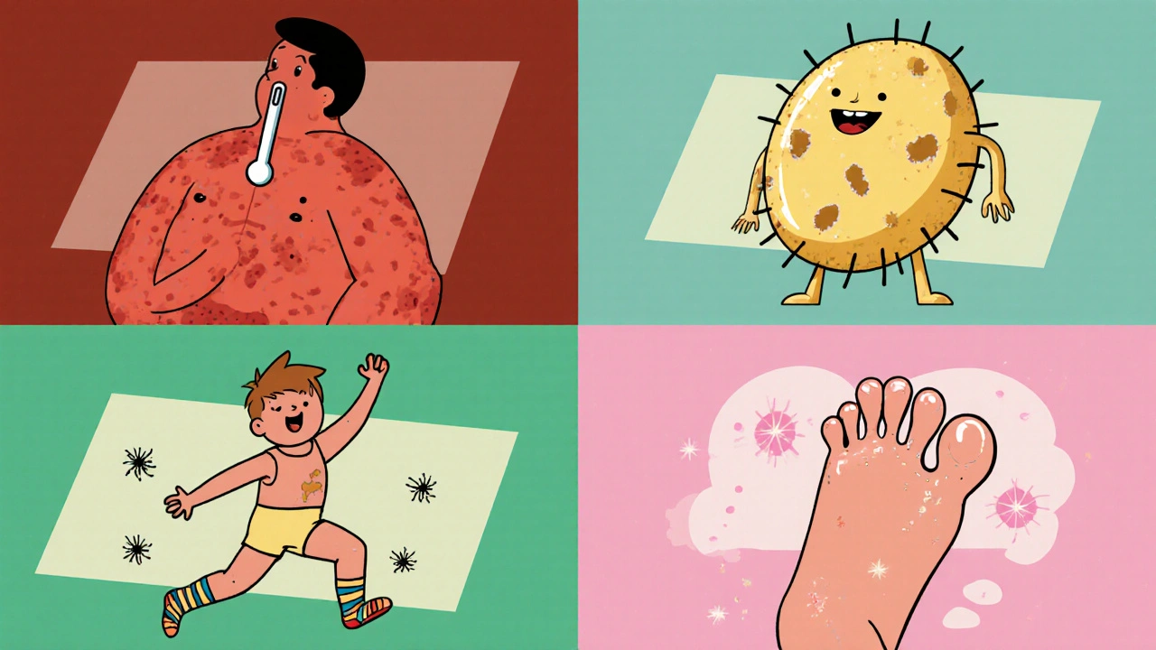 Four cartoon characters representing cellulitis, impetigo, fungal infection, and herpes in a grid.