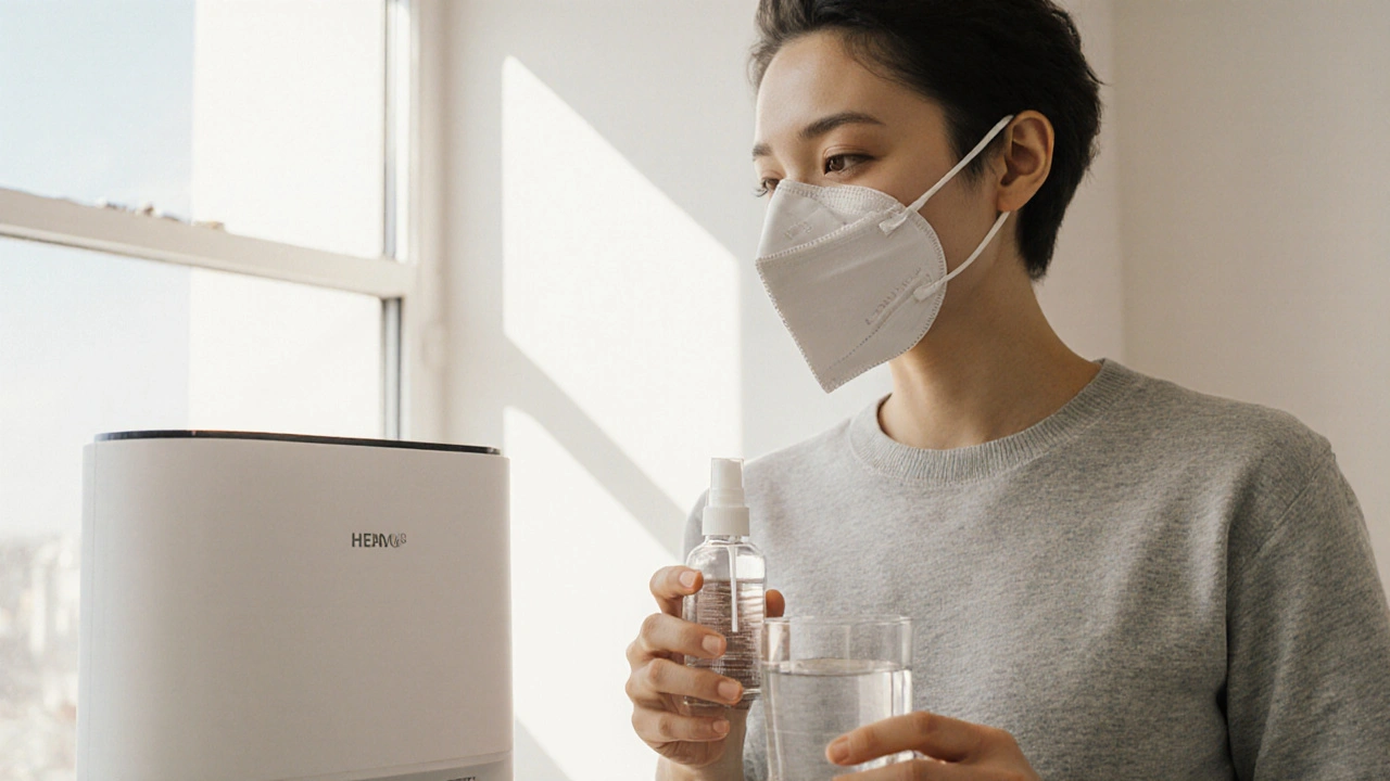 Indoor scene with a masked person, HEPA purifier, and nasal spray bottle.