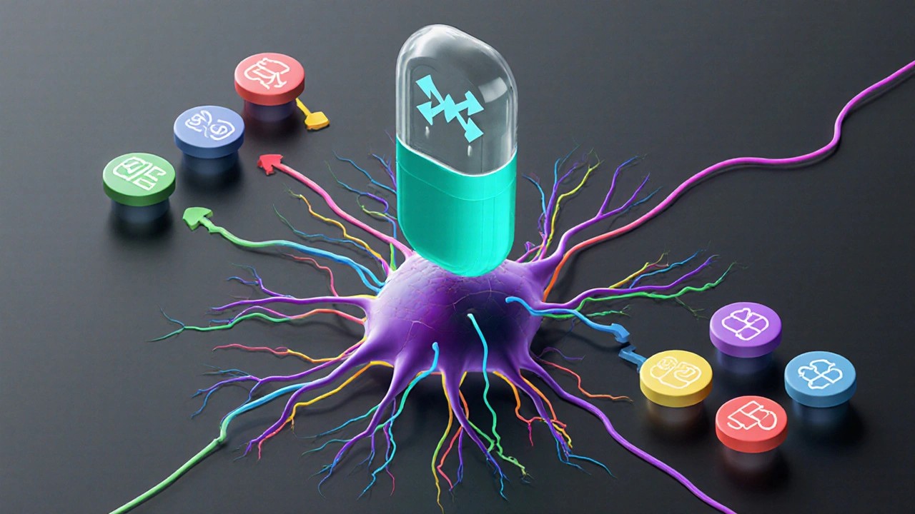 Isometric illustration of brain synapses showing Amoxapine blocking reuptake and dopamine antagonism.