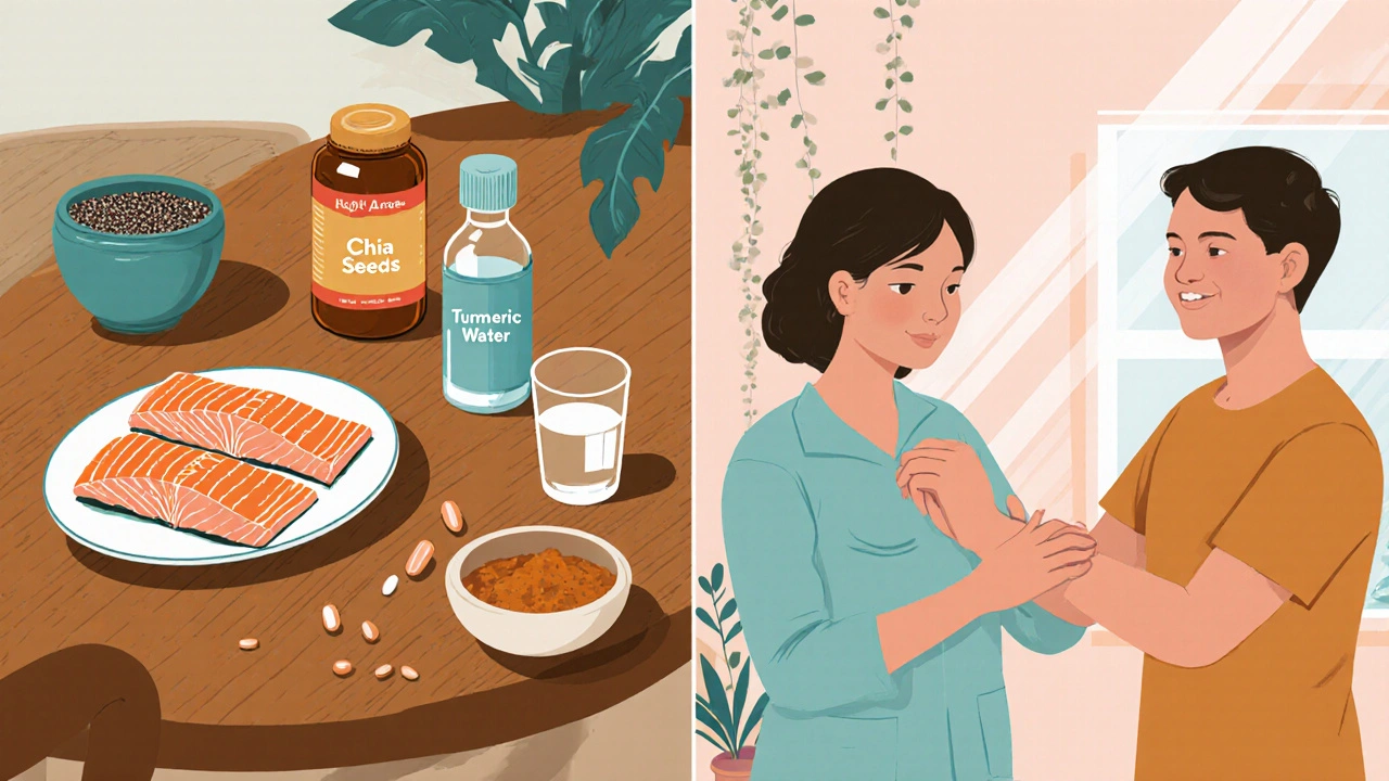 Kitchen with healthy foods and a therapist assisting a gentle stretch, vintage cartoon.