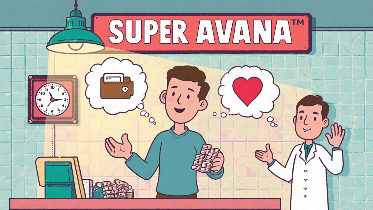 Man at pharmacy choosing between one Super Avana pill and multiple separate pills.