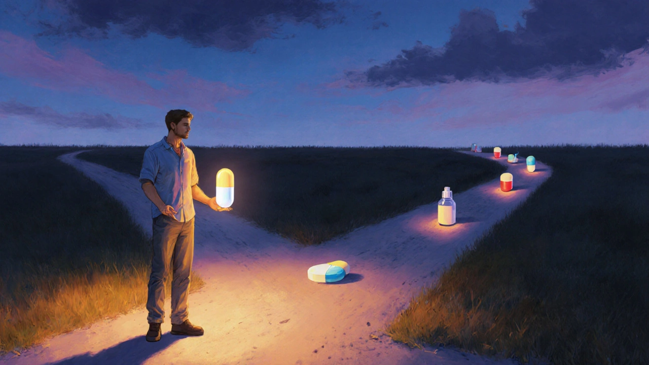 Man standing at a forked road, one side with a single pill and the other with multiple pills, symbolizing treatment choices.