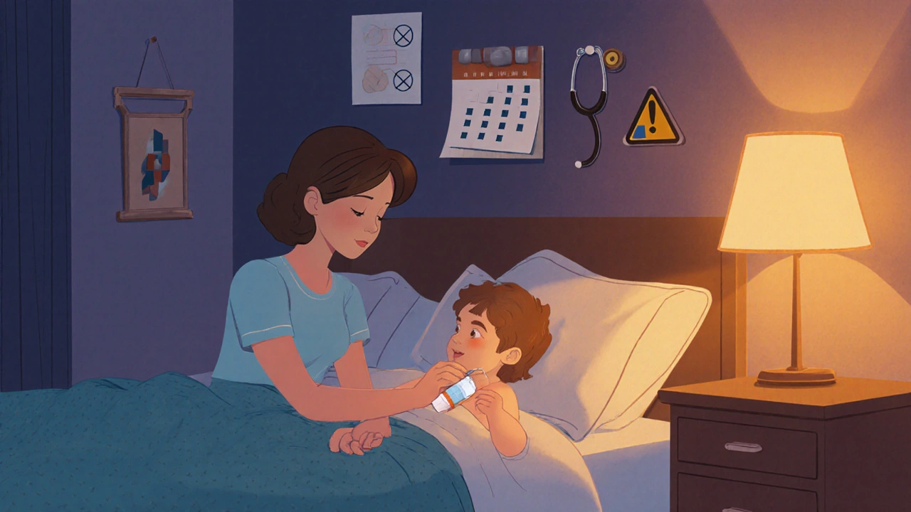 Mother applying cream to baby at night with a crossed‑out calendar nearby.