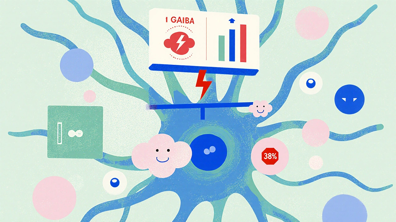 Neuron cartoon with blocked sodium channels, happy GABA bubbles, and balanced mood scale.