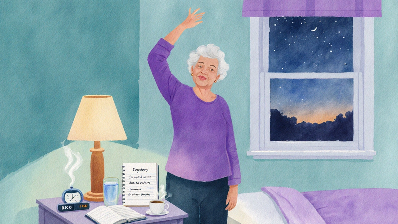 Older woman writing in a sleep diary beside a nightstand in a calm bedroom.