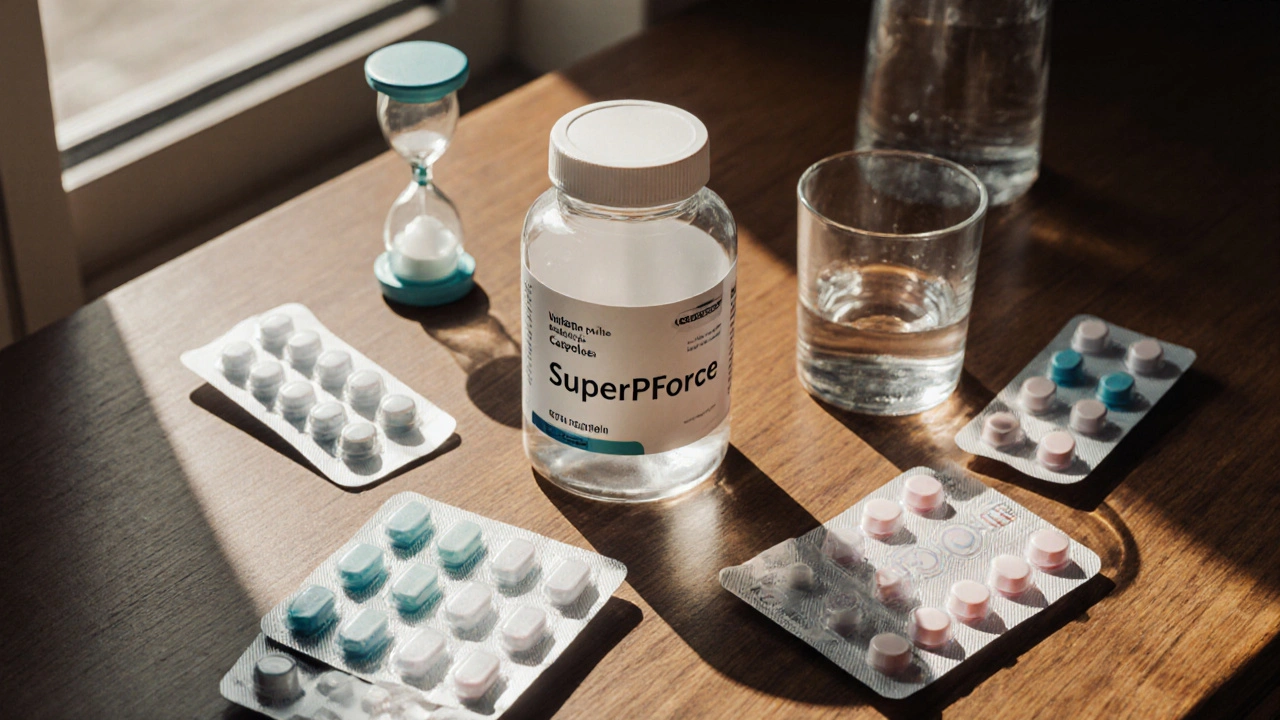 Overhead view of assorted erectile dysfunction and premature ejaculation medicines arranged on a wooden table.