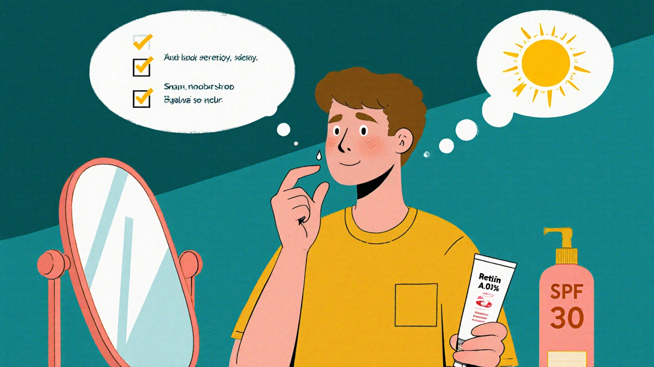 Person applying a pea‑size amount of Retin A at night, with moisturiser, sunscreen, and thought bubbles about acne, tolerance, and cost.