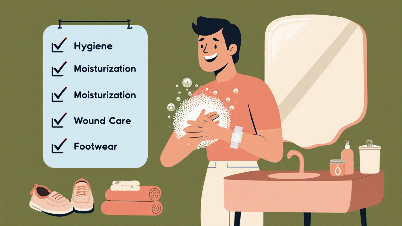 Person washing hands, applying moisturizer, covering a cut, and showing breathable shoes.