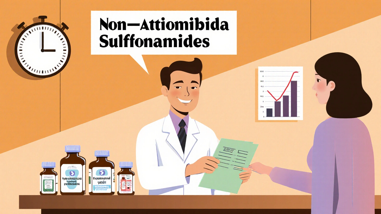 Pharmacist gives a patient safe sulfonamide prescriptions, highlighting reduced resistance.