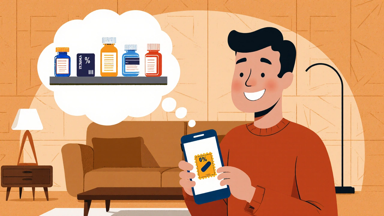 Retro living room where a person holds a phone with a coupon icon, thinking of pharmacy discounts.