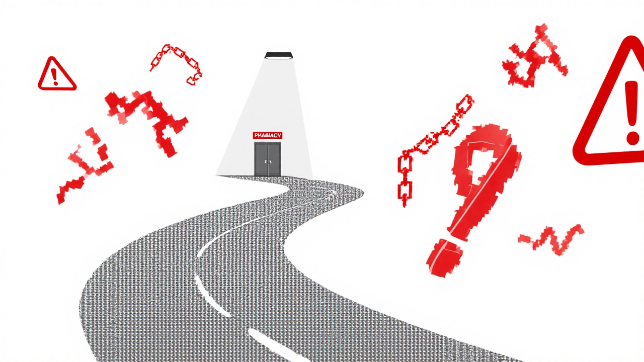 Road of digital pixels with red warning symbols leading to a pharmacy doorway.