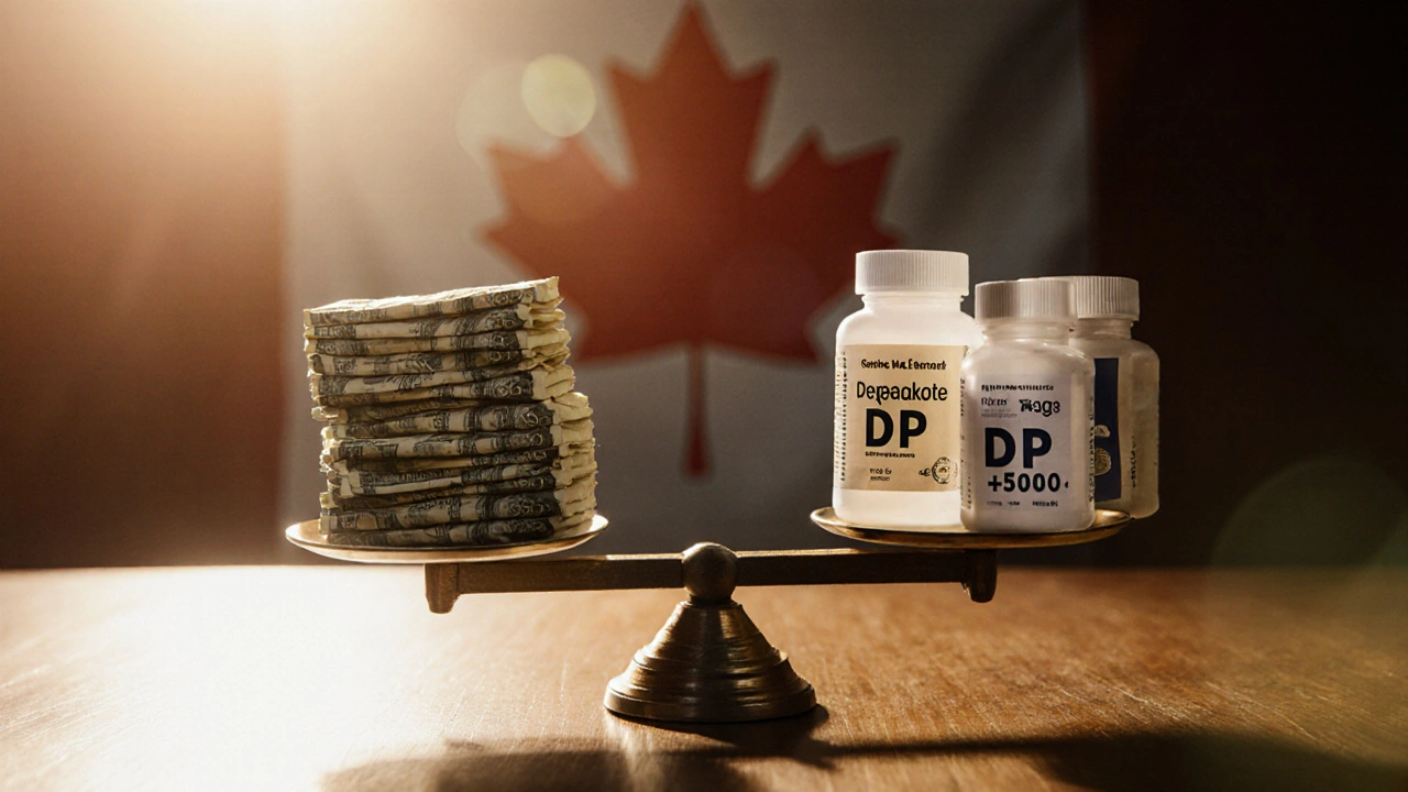 Scale balancing cash against generic Depakote pills, symbolizing savings and safety.