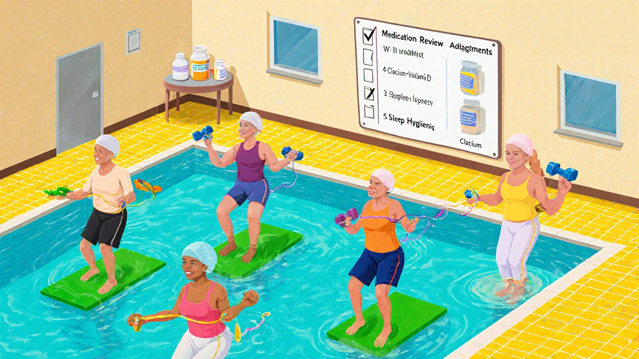 Seniors performing low‑impact water aerobics with resistance bands in a bright pool area.