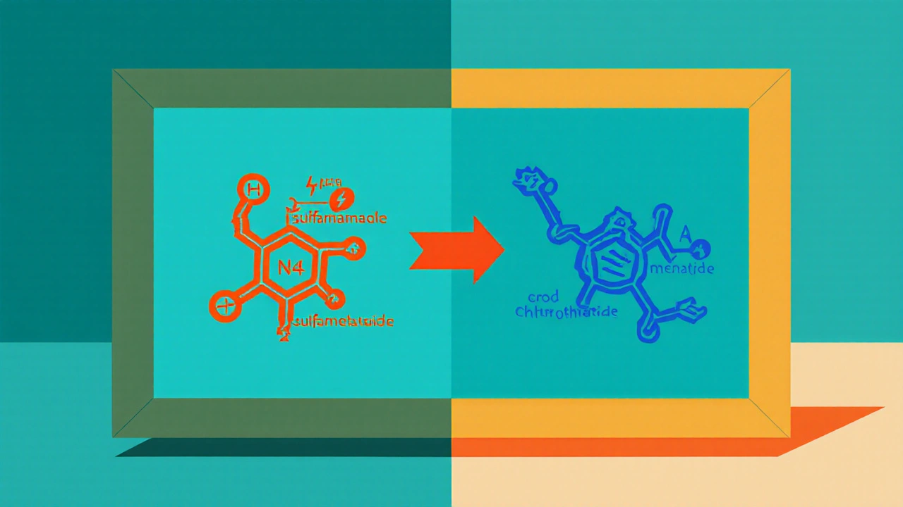 Side‑by‑side cartoon of antimicrobial vs non‑antimicrobial sulfonamide structures with risk arrows.