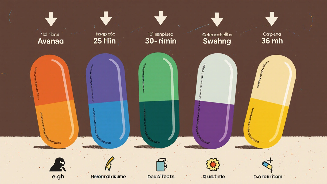 Side‑by‑side cartoon pills with onset and duration timelines and side‑effect icons.