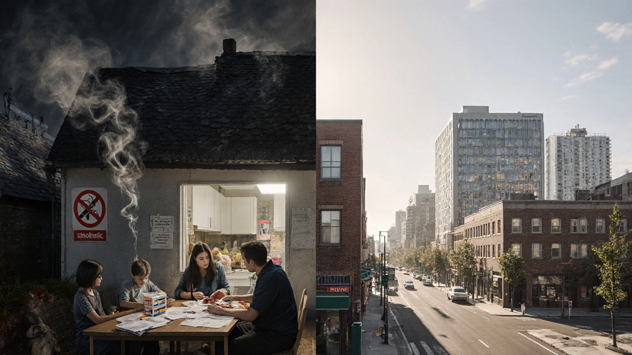 Side‑by‑side view of Eastside and Westside Vancouver showing smoke, health clinic shortage, and a family budgeting cigarettes.