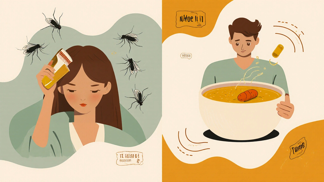 Split illustration showing neem oil application and turmeric consumption with abstract inflammation waves.