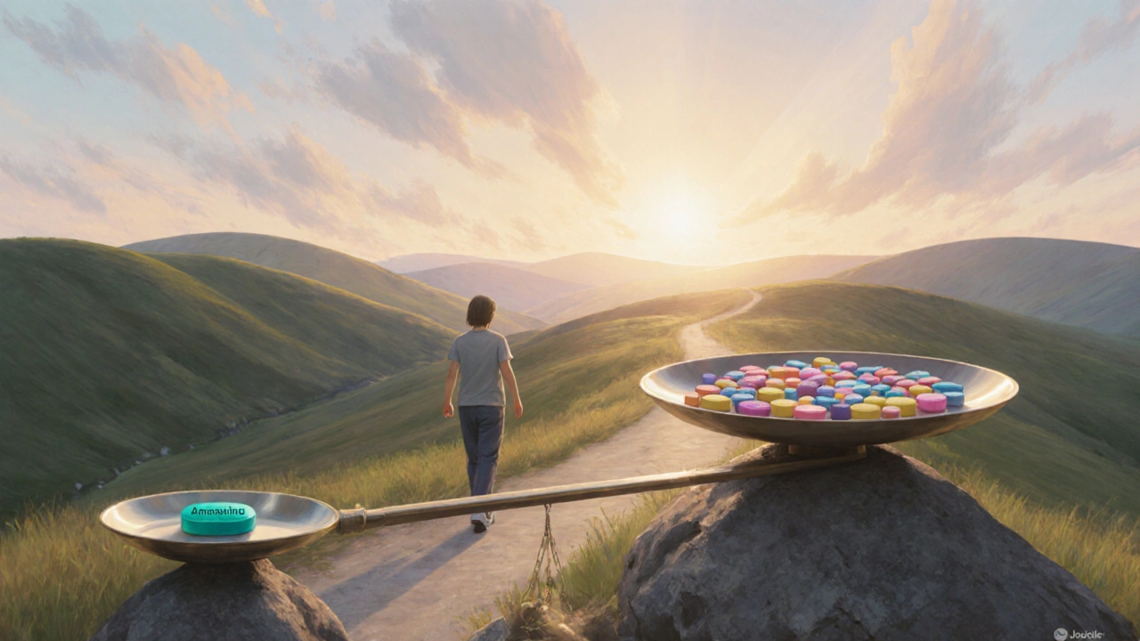 Sunrise scene with a walking figure and a scale balancing Amoxapine against newer antidepressants.