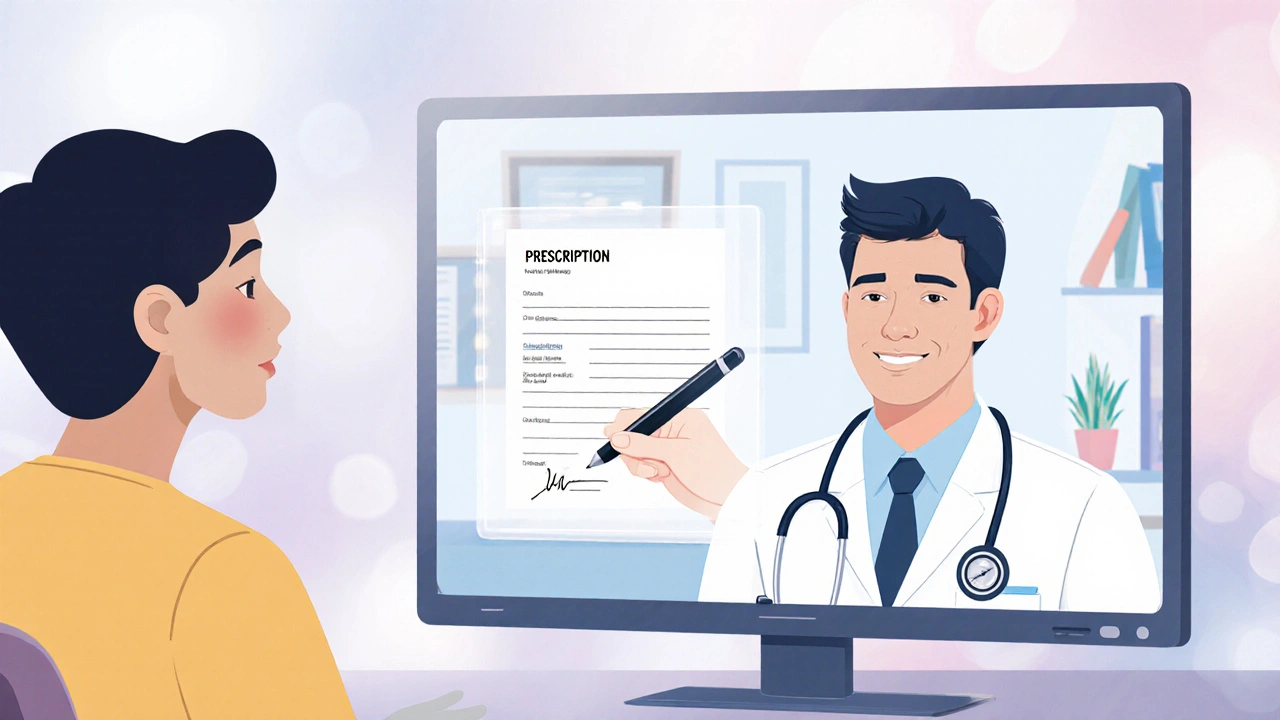 Telemedicine video call with doctor and patient, digital prescription being created.
