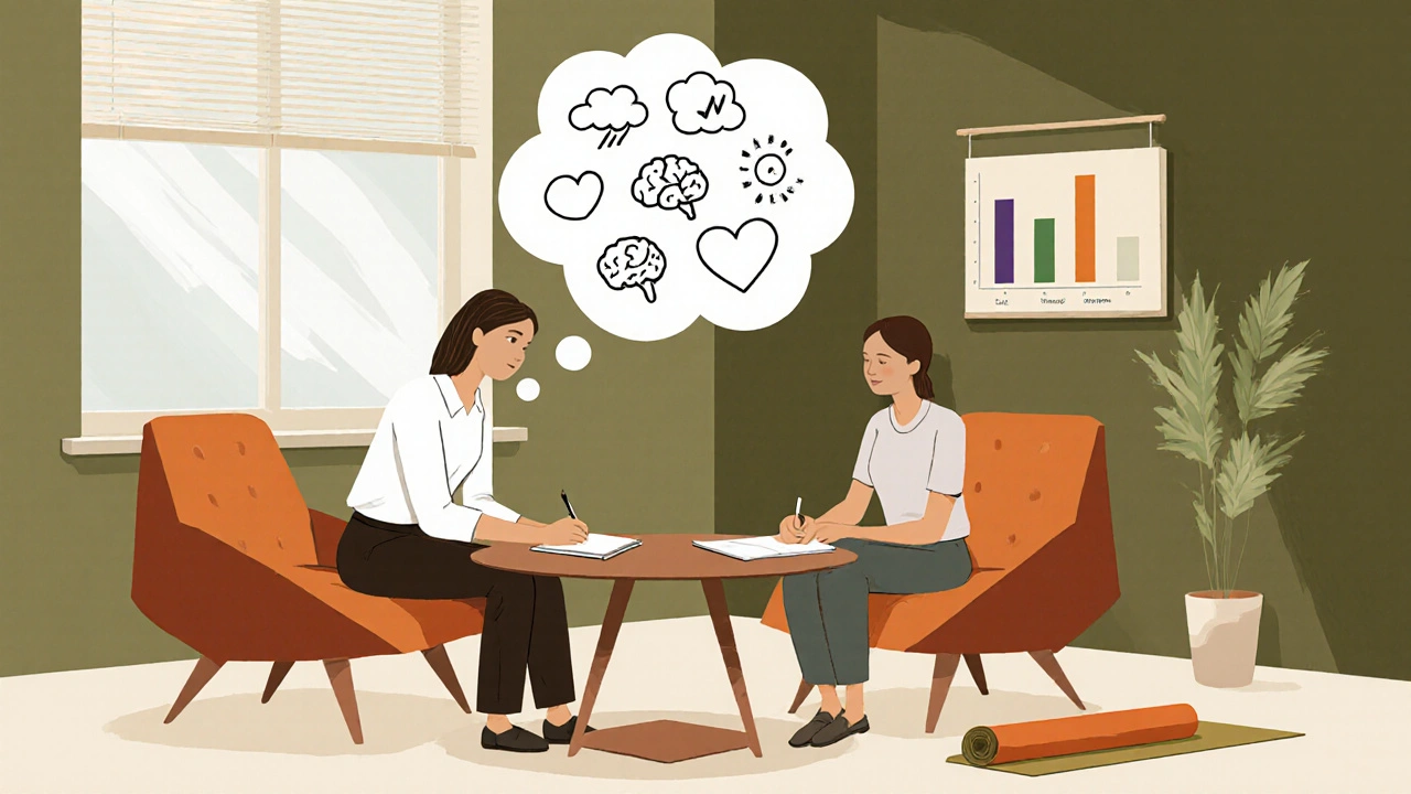 Therapist and client work on thought records with a mood chart and yoga mat nearby.