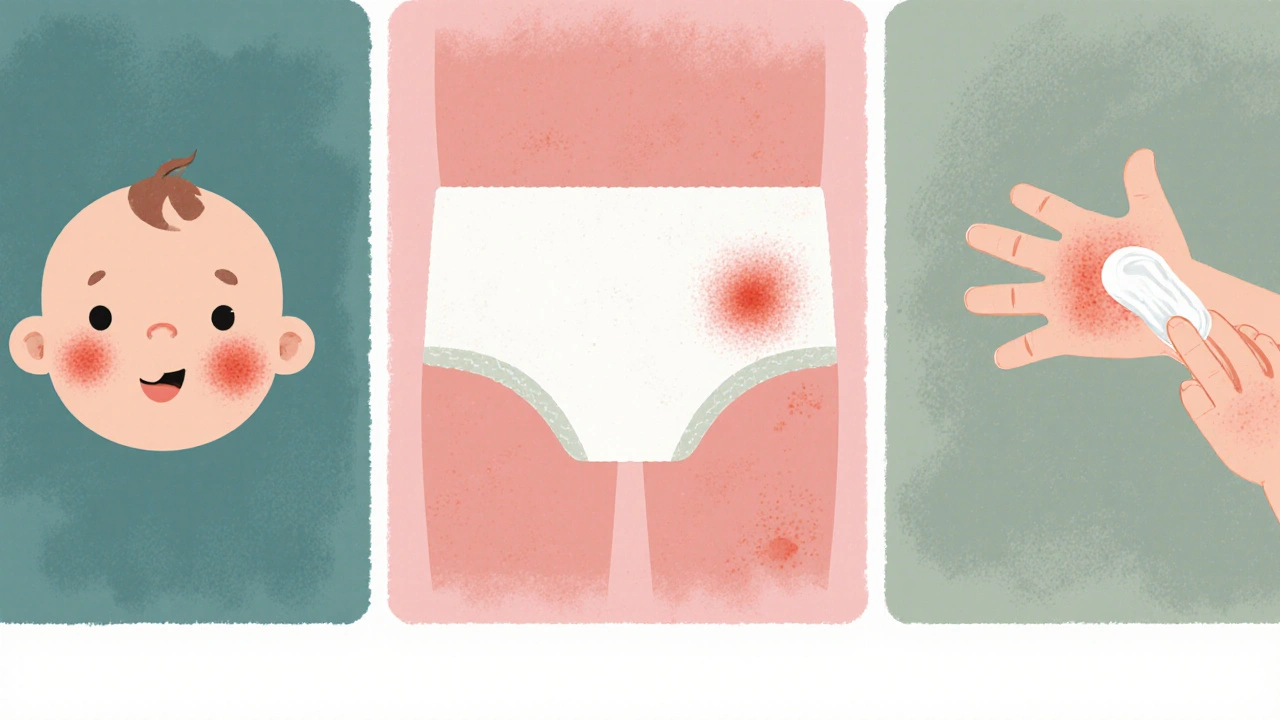 Three baby skin issues—eczema, diaper rash, hive—with cream being applied.