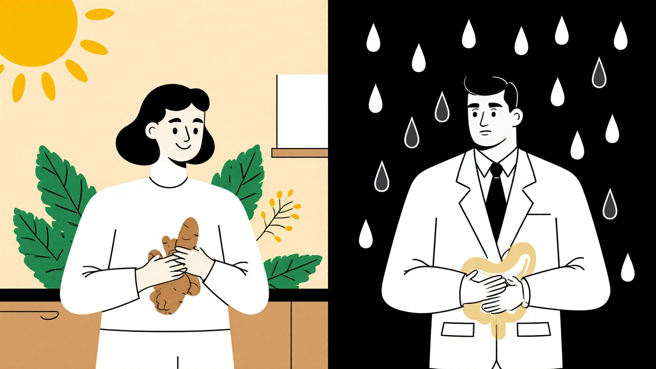 Two contrasting figures: one calm with ginger, another anxious with domperidone pills raining down.