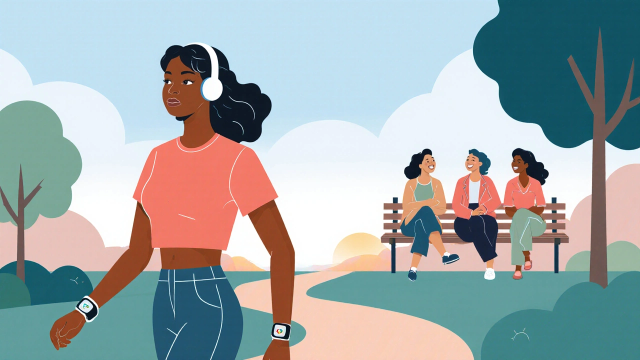 Woman walks in a sunrise park using a mood‑tracking app, supported by a group of friends.