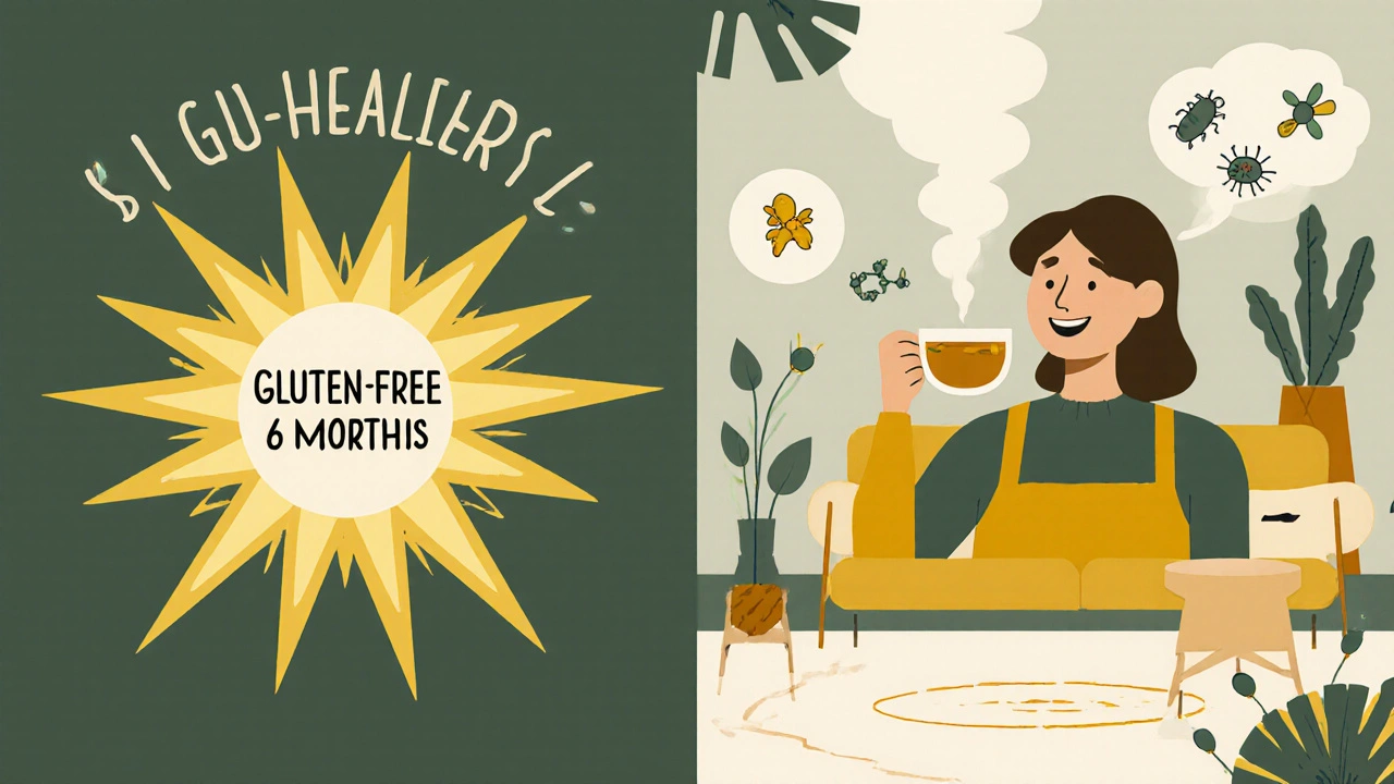 Woman with healing gut on left, smiling on right, floating icons of digestive issues dissipating