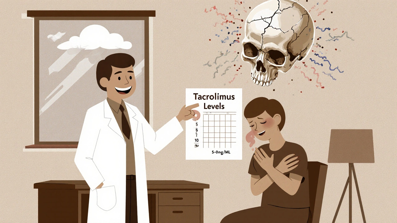 A doctor smiles at a chart while a patient suffers a headache, with a symbolic pulsing brain in the background.