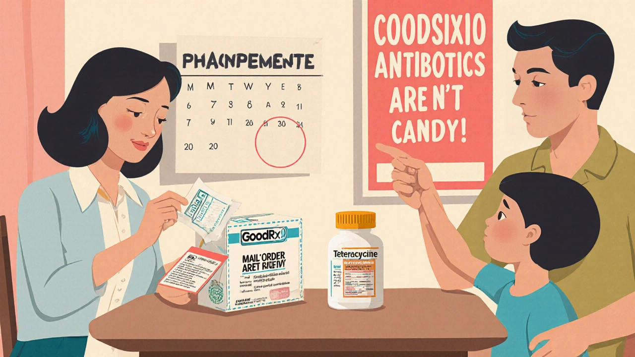 A family receiving safe antibiotics through a verified pharmacy using a coupon, with a doctor’s appointment visible on the calendar.