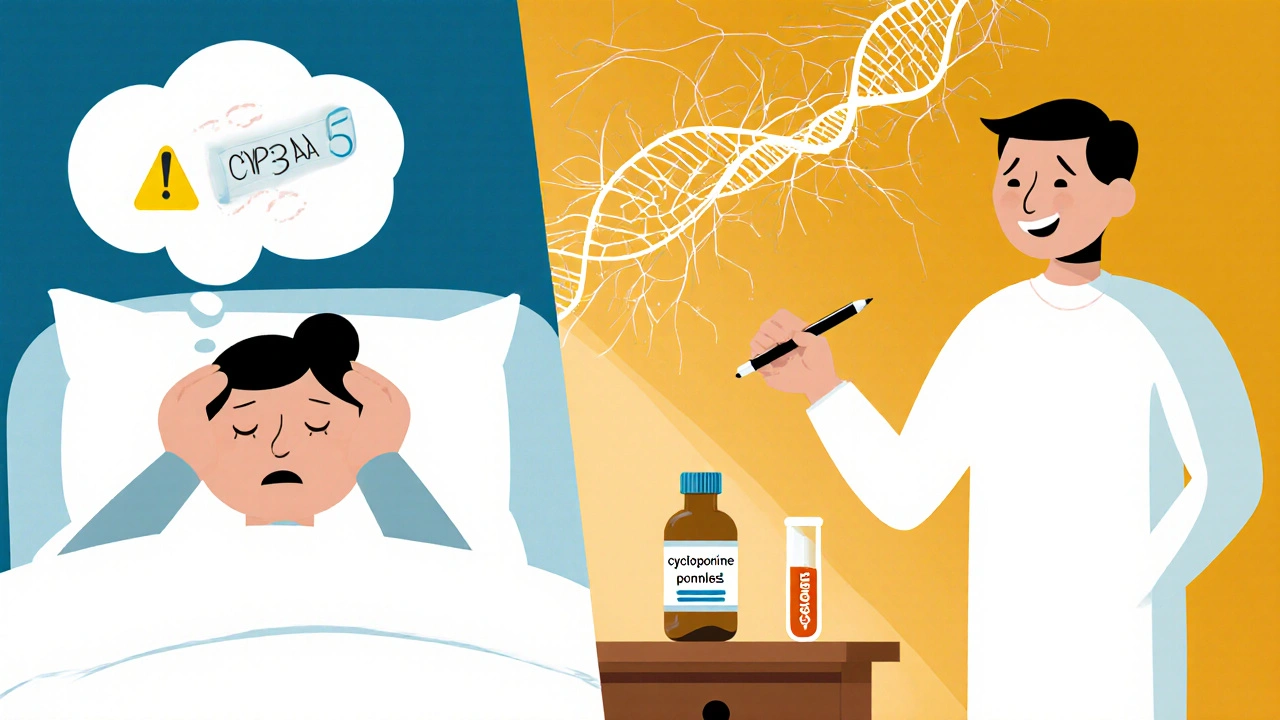 A patient before and after treatment: one in pain, one relieved, with genetic test and medication visible.