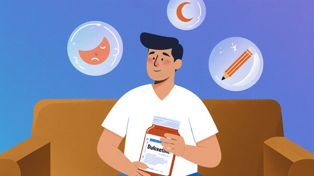 A person on a mid-century sofa with floating icons representing pain relief, better sleep, and focus after taking an SNRI.