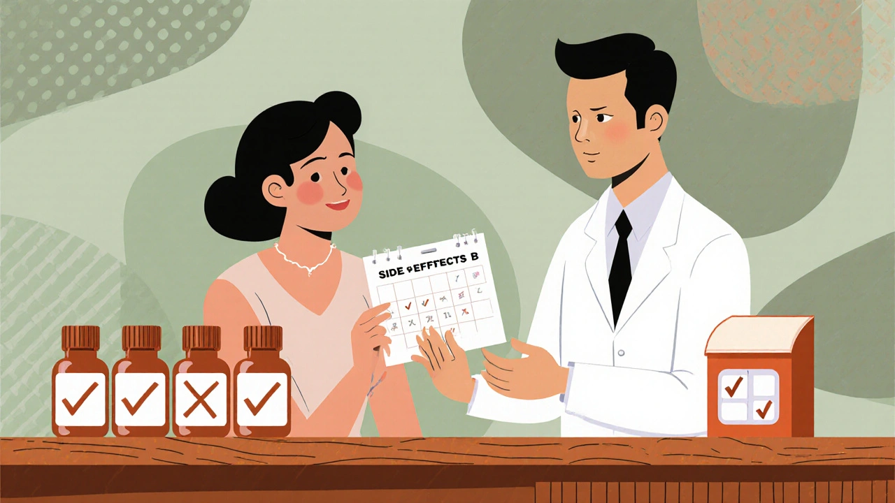 A pharmacist and patient discussing medication side effects at a retro-style counter with a smart pill dispenser.