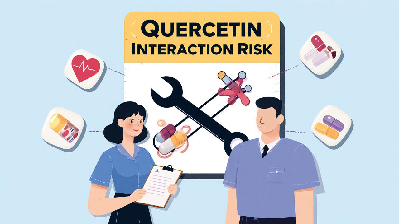 A pharmacist and patient facing a warning sign about quercetin interactions, with floating medication icons in vintage design.