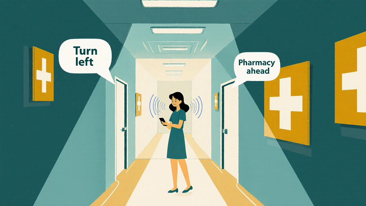 A woman navigating a hospital hallway with audio directions appearing as sound waves from her smartphone.